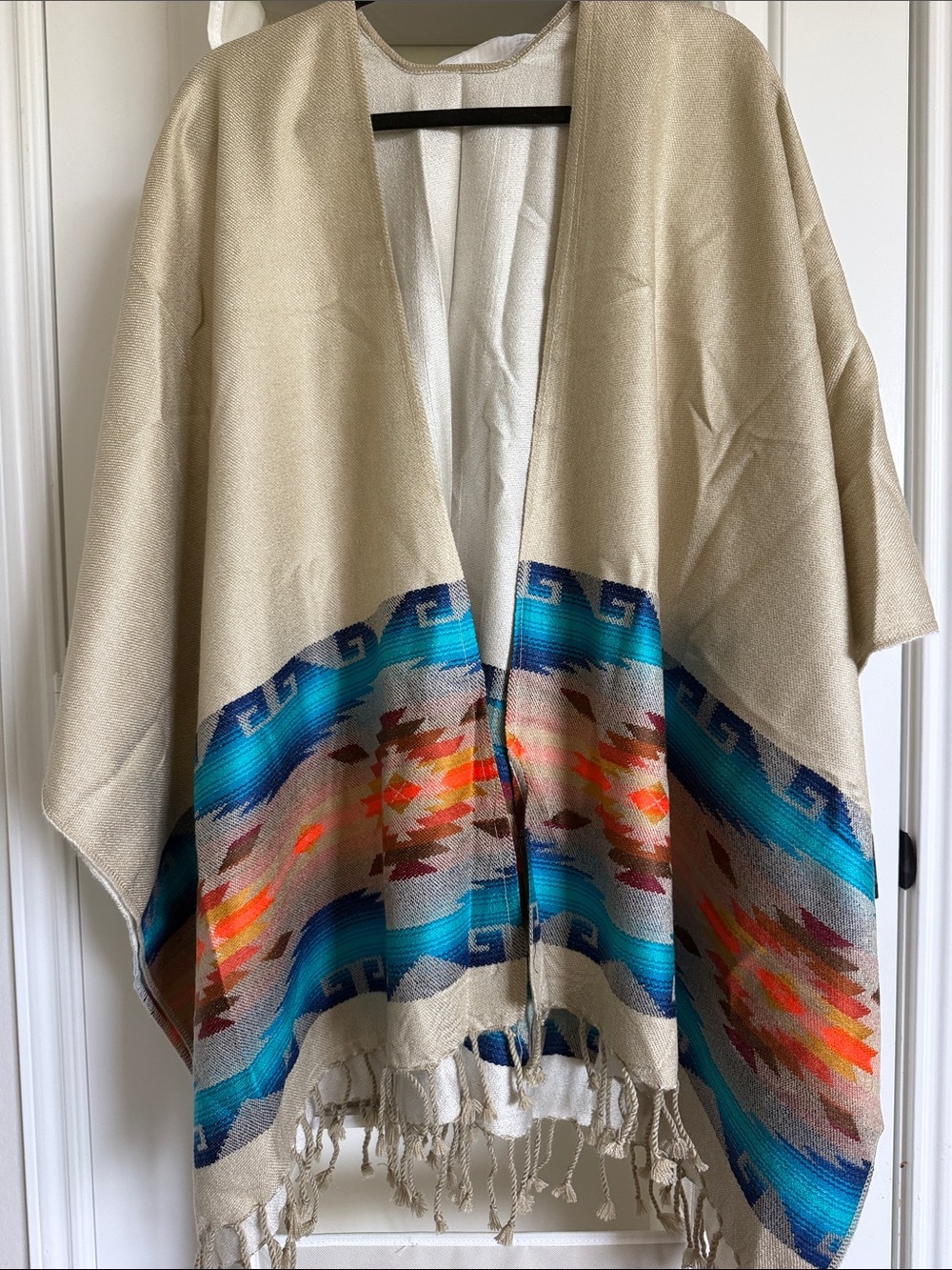 Beige Woven Poncho with Turquoise & Orange Geometric Stripe